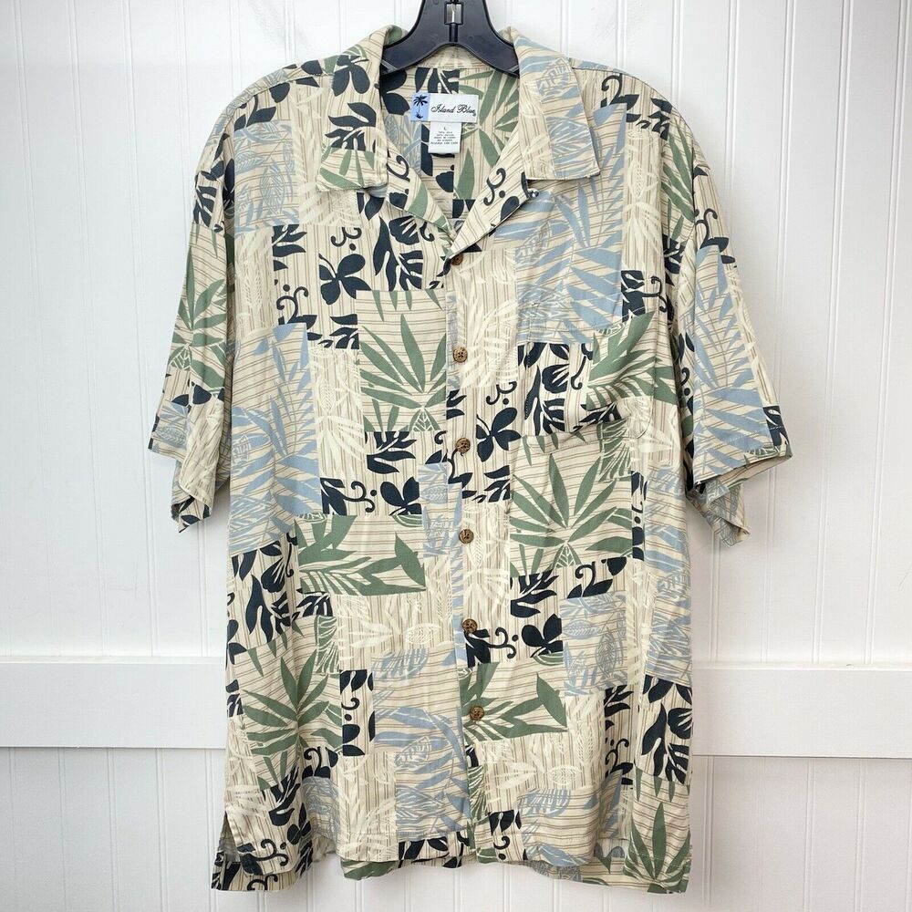 Hawaiian Shirt Island Blue Silk Blend Button Up Sz Large Beige Short Sleeve
